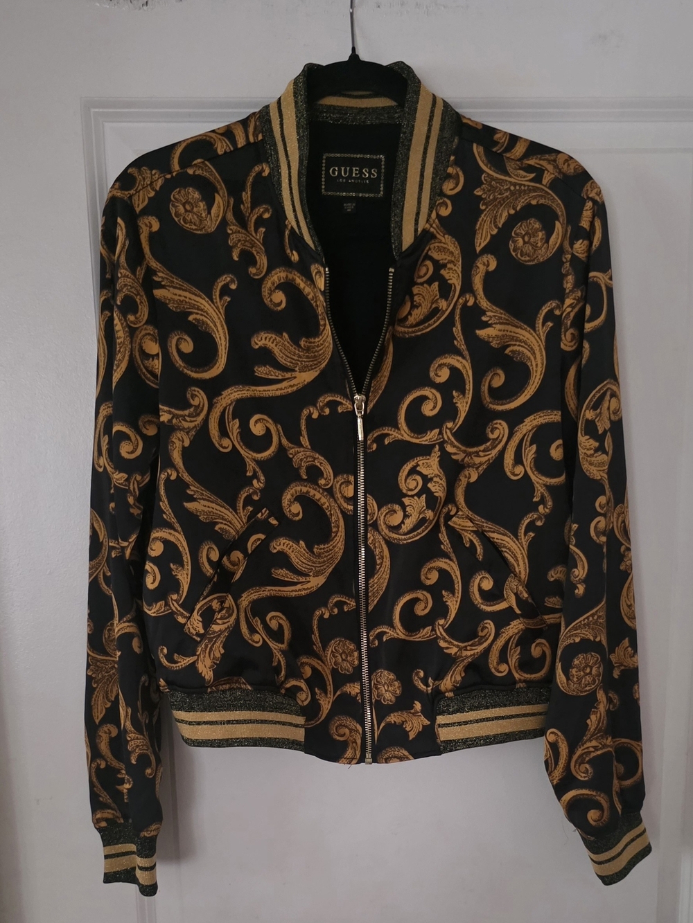GUESS Black Bomber Jacket with Gold Scroll Print